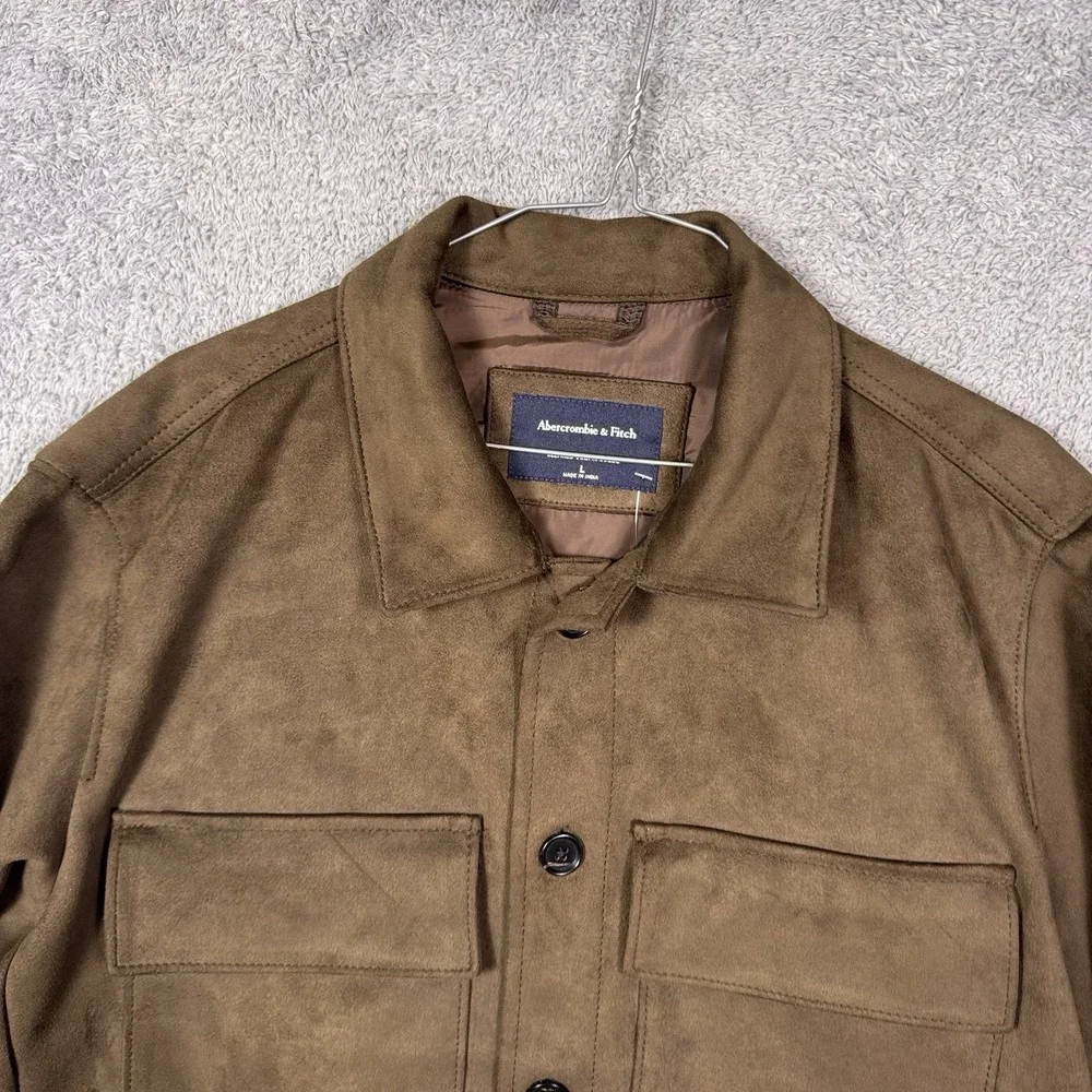 Abercrombie & Fitch Jacket Mens L Vegan Suede Trucker Button Front Cargo Brown